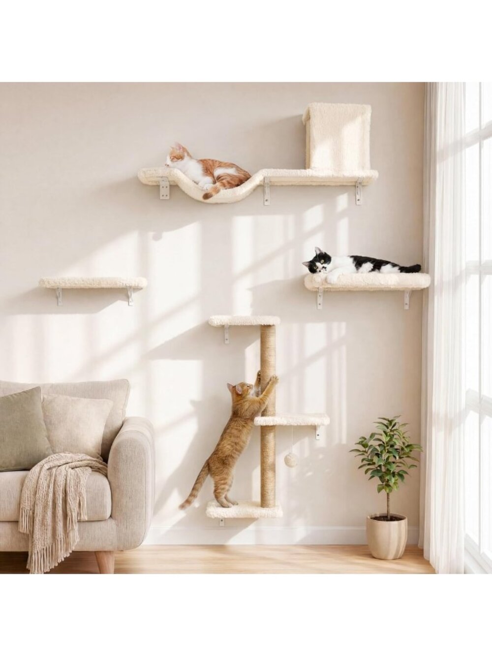 Stylish Cat Wall Shelves Set - 4-in-1 Beige Cat Furniture for Climbing & Play